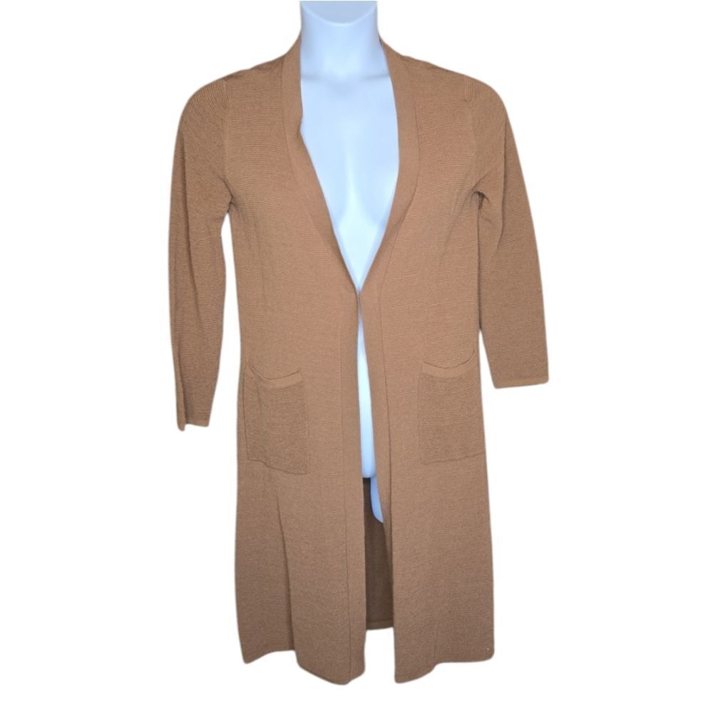 DIMAJSIEN tan open front silk‎ blend long ribbed cardigan sweater M